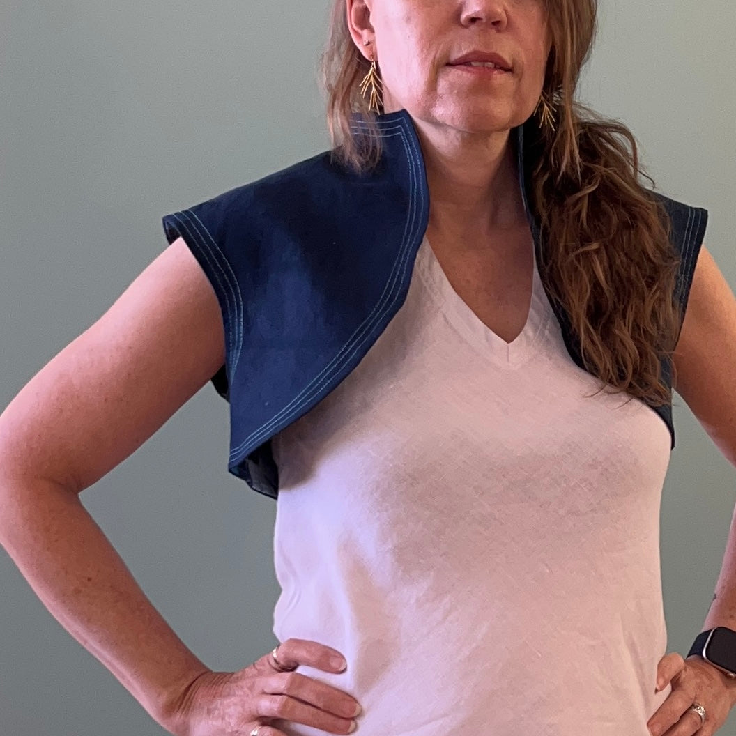 Upcycled Bolero Vest - Navy Hemp Canvas & Blue Floral Lining