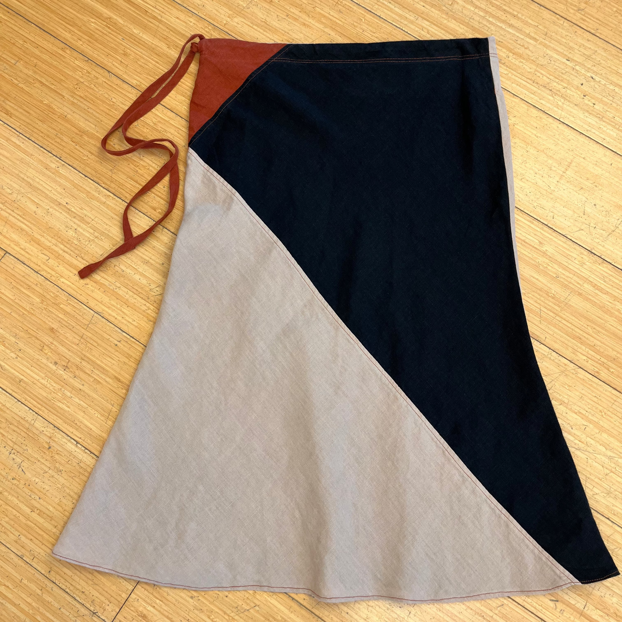 Pieced Linen Bias-Cut Skirt- Rust/Beige/Black