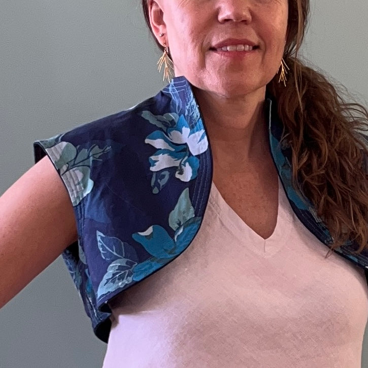 Upcycled Bolero Vest - Navy Hemp Canvas & Blue Floral Lining