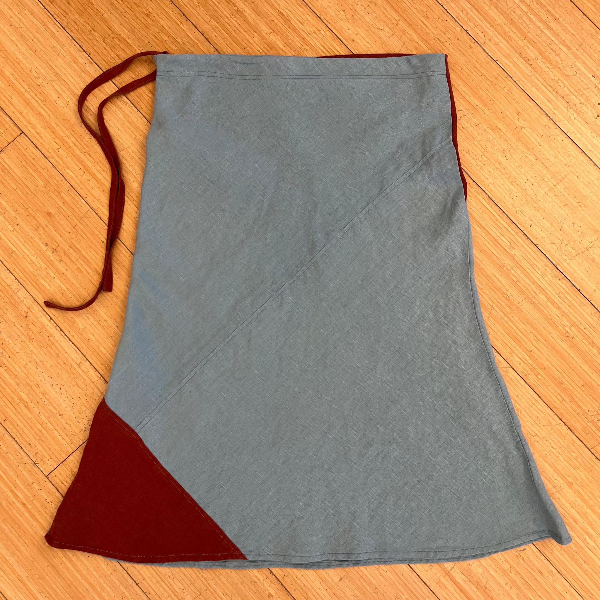 Pieced Linen Bias-Cut Skirt- Teal/Rust