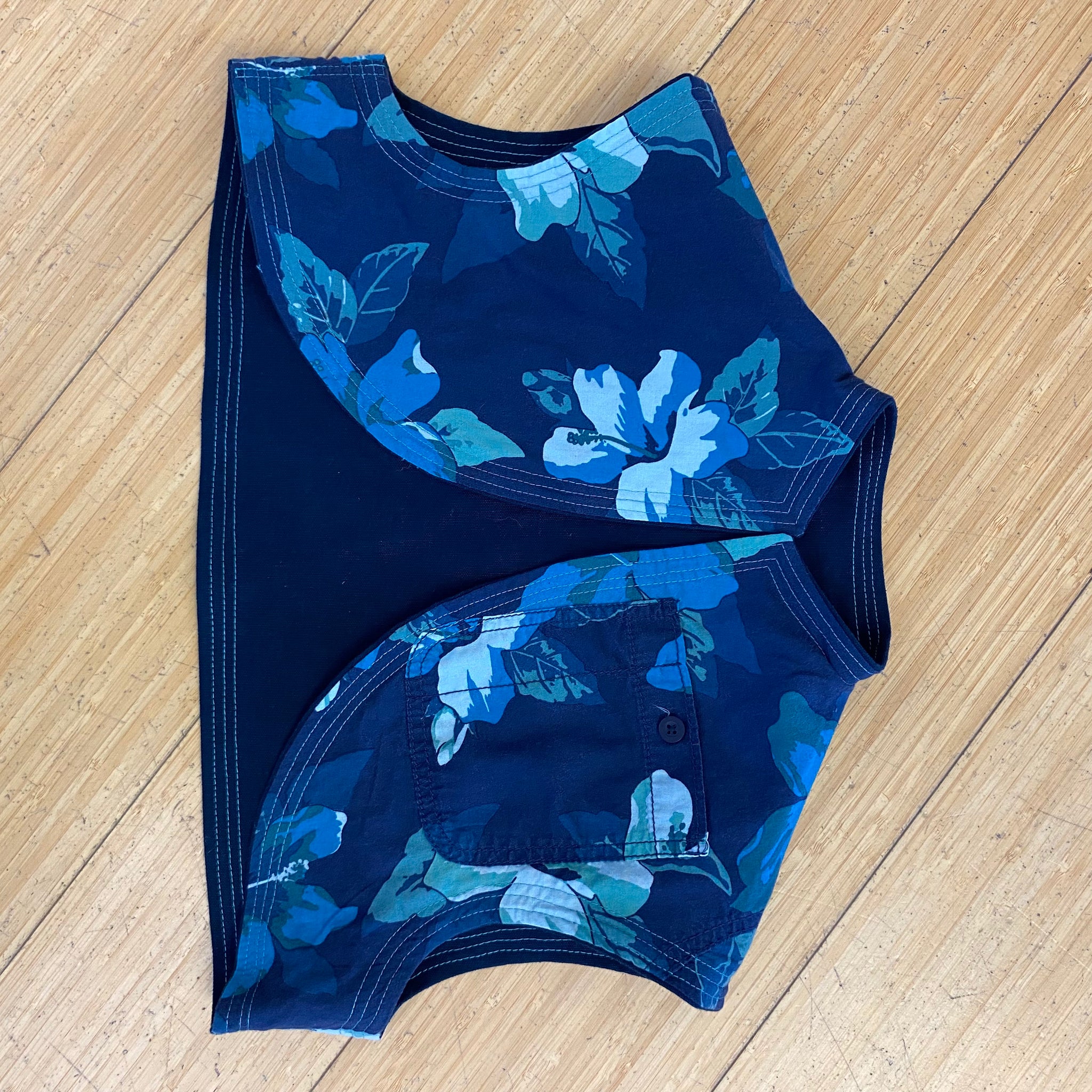 Upcycled Bolero Vest - Navy Hemp Canvas & Blue Floral Lining