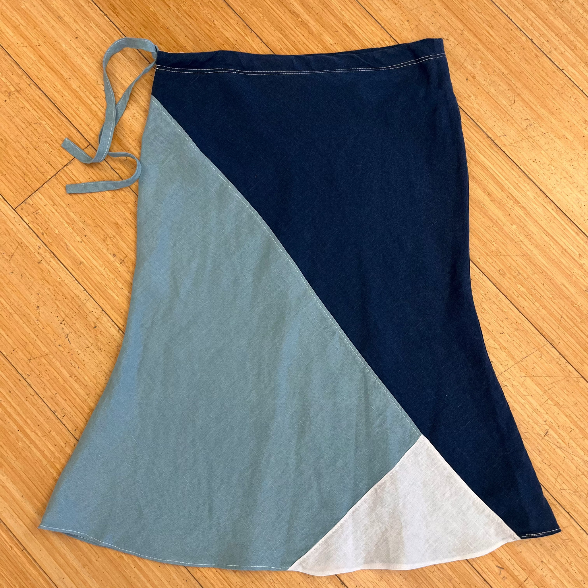 Pieced Linen Bias-Cut Skirt- Navy/Teal/White
