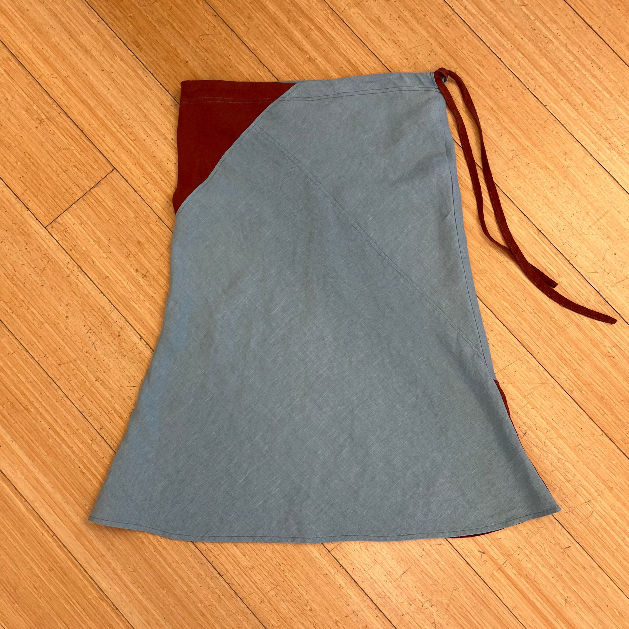 Pieced Linen Bias-Cut Skirt- Teal/Rust
