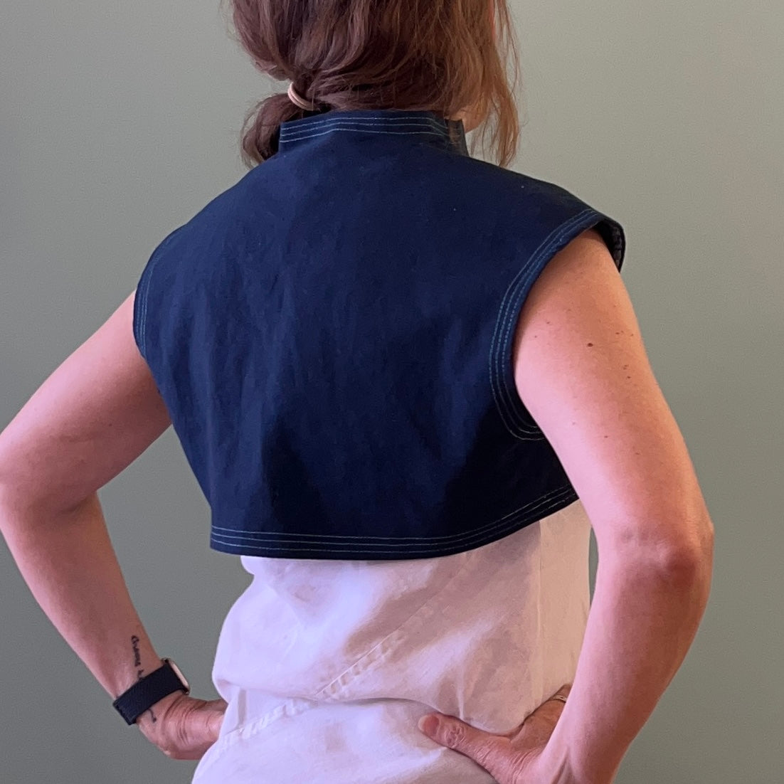 Upcycled Bolero Vest - Navy Hemp Canvas & Blue Floral Lining