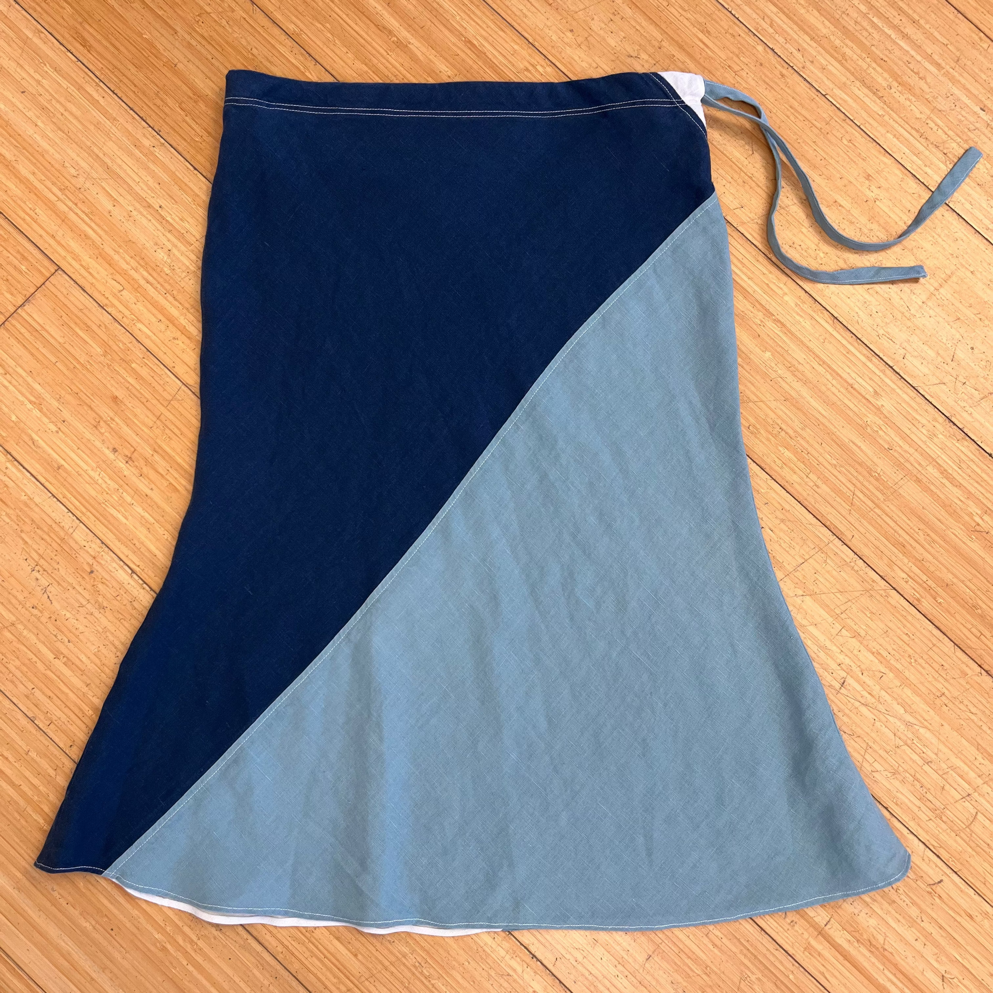 Pieced Linen Bias-Cut Skirt- Navy/Teal/White