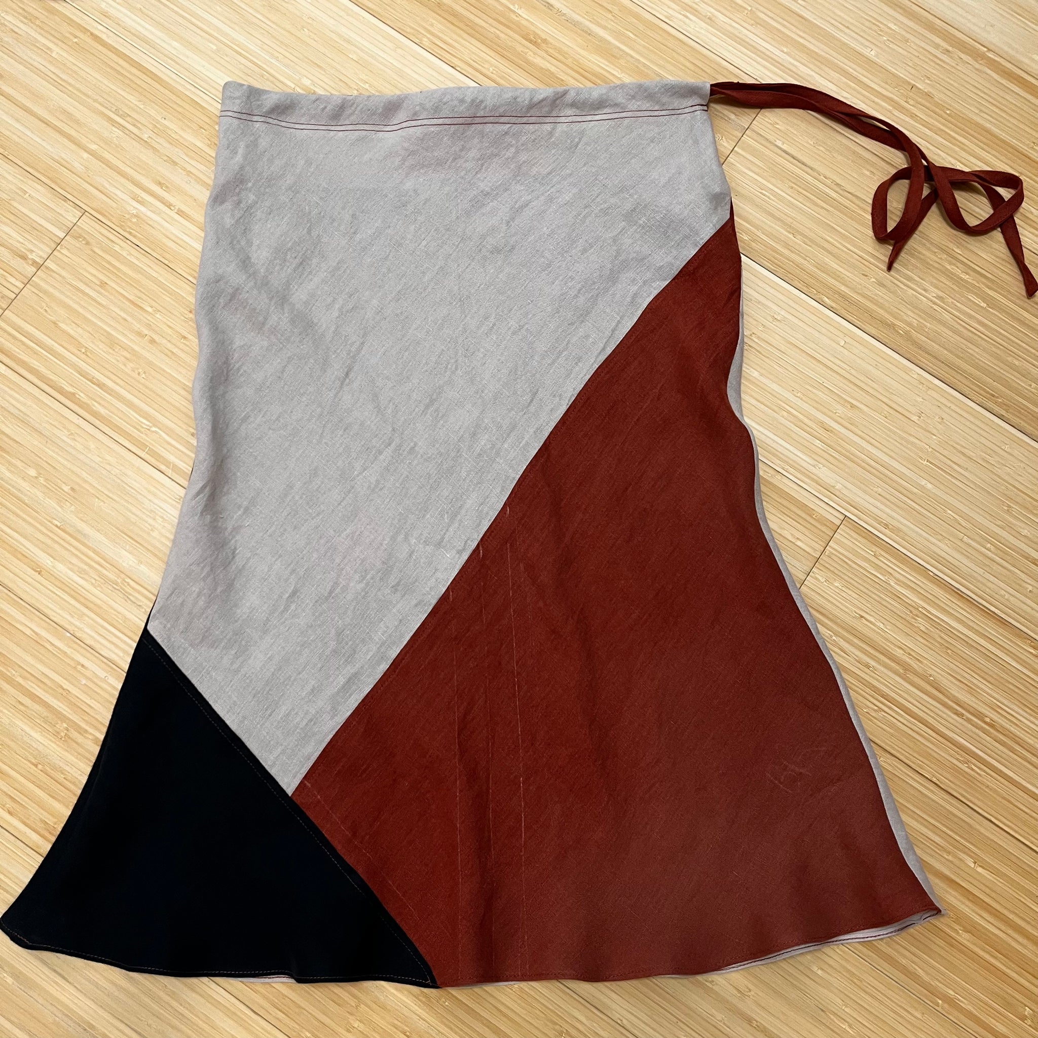 Pieced Linen Bias-Cut Skirt- Rust/Beige/Black